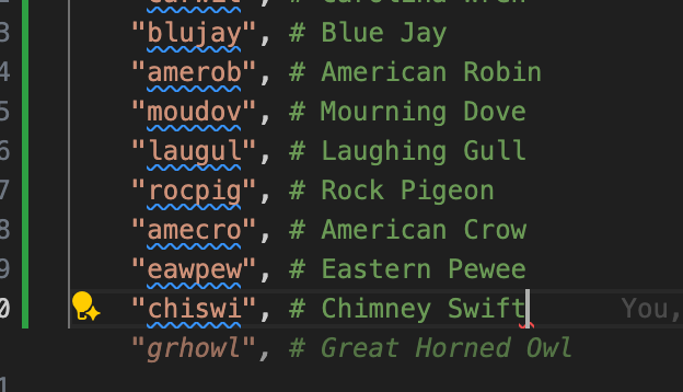 screenshot of code showing Github Copilot trying to add a Great Horned Owl to a list of "common" birds
