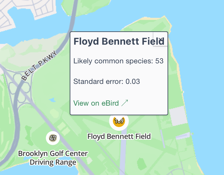 image showing a pin on Floyd Bennet field with the number 103 on it and a tooltip on that showing "53 species"