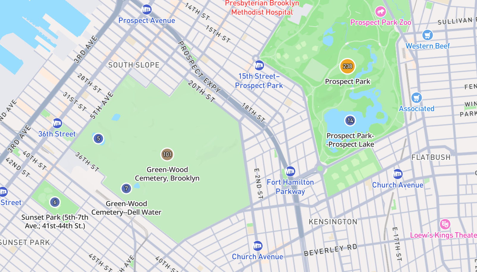 image showing a map of Brooklyn with circular indicators for hotspots. Green-wood Cemetery shows the number 101 on it